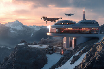 Obraz premium A high-tech research facility in the mountains with design merges nature and innovative technology seamlessly