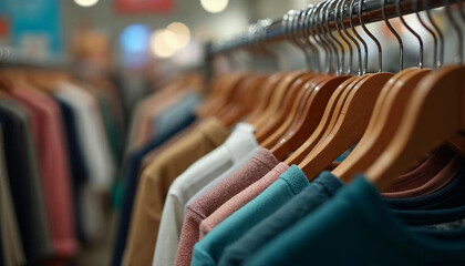 Obraz premium Neatly arranged shirts on wooden hangers in a clothing store. Perfect for fashion, retail, and shopping themes.