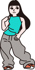 ヒップホップ　女性　線画　　ベクター