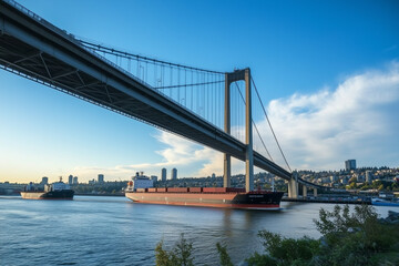 Naklejka premium A massive bridge spanning across a river with cargo ships showcasing engineering genius in motion