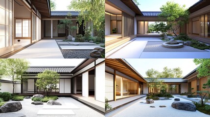 Four views of serene Japanese garden courtyard.