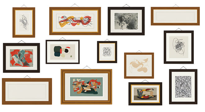 Collection of framed abstract art hang on white wall gallery