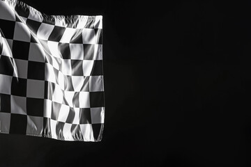 One racing checkered flag on black background, space for text