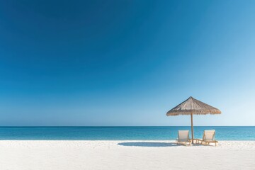 Beach chairs and parasol at ocean