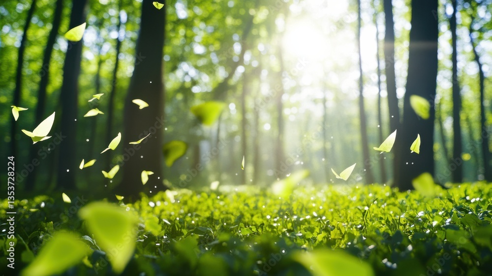 Poster sunlight filtering through trees with green leaves and gentle breeze in lush forest setting