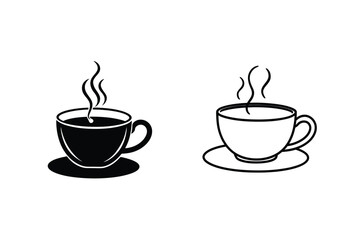 Hot Beverage Icons Coffee, Tea, Cup, Saucer, Steam, Drink, Café, Silhouette, Line Art, Graphic