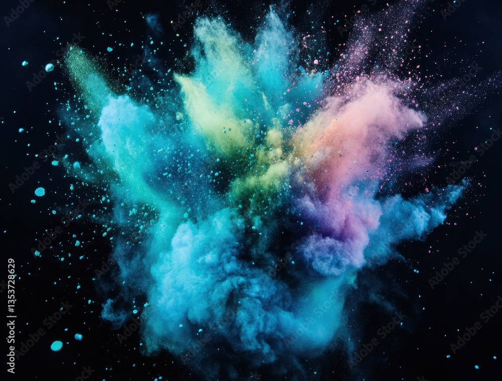 Poster colorful powder explosion creating vibrant patterns against a black background with beautiful swirls