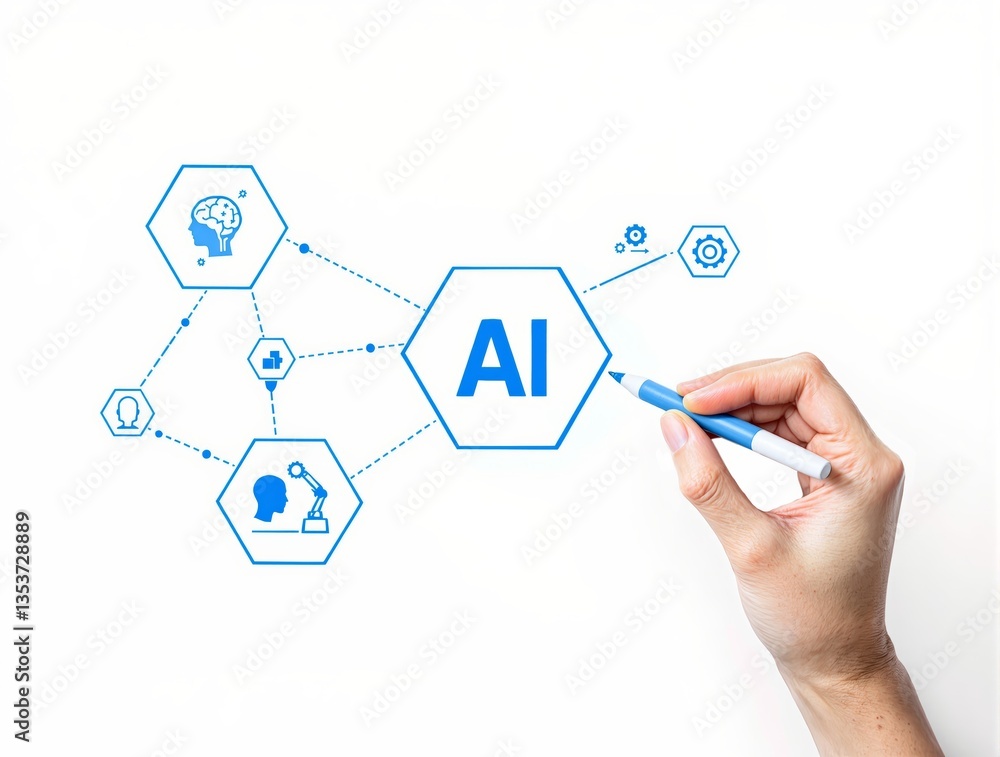 Poster hand holding pen drawing ai concept network with hexagonal icons on white background. futuristic dig