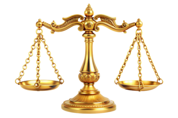Golden scales of justice isolated on transparent background. Png