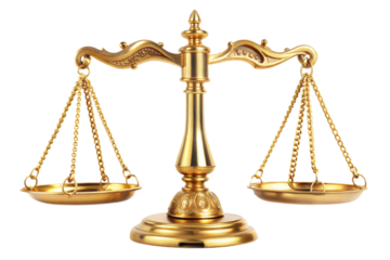 Golden scales of justice isolated on transparent background. Png