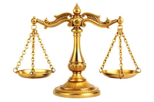 Golden scales of justice isolated on transparent background. Png