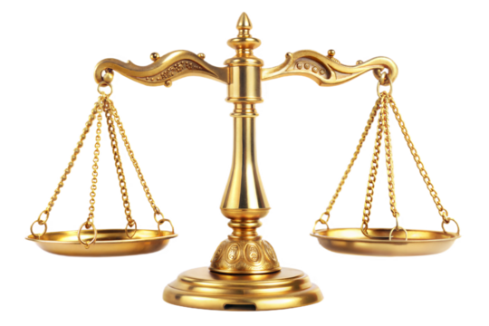 Golden scales of justice isolated on transparent background. Png