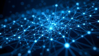 Obraz premium Abstract Blue Glowing Network with Connected Nodes and Lines on Dark Background,;