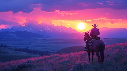 Cowboy on horseback watching vibrant sunset over mountains.
