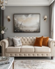 an inviting living room with a luxurious beige sofa, adorned with decorative cushions, set against a soft-toned wall with a piece of artwork. The scene is illuminated by warm wall sconces