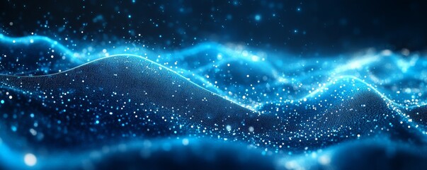 An artistic abstract blue background with shimmering lights and curves, reminiscent of a digital wave. The image evokes a sense of energy and movement. 