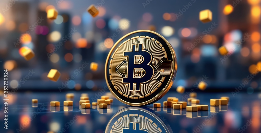 Poster bitcoin coin surrounded by floating golden cubes on a futuristic city background, representing block