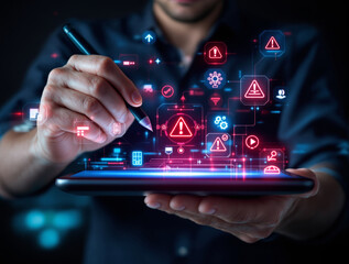 Businessman using stylus on tablet with glowing cybersecurity warning icons, digital security threats, and futuristic tech interface, on dark background. Ai generative