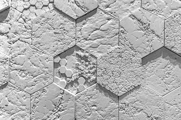 Textured white hexagonal wall tile pattern. Modern white wall made of hexagonal tiles with varying...
