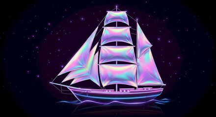 Iridescent Sailboat Night Sea Neon Glow Stars Background