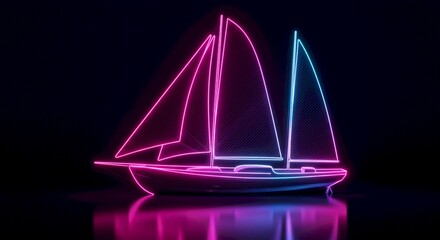 Neon Sailboat Glowing Yacht Night Scene Pink Blue Lights Abstract Art Modern Design Luxury Travel