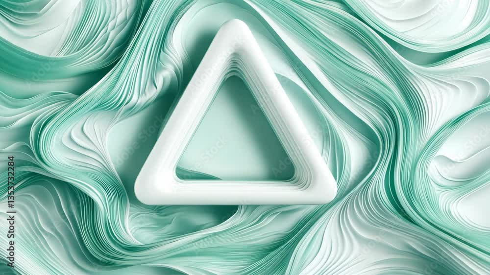 Poster unique abstract design featuring a white triangle in flowing mint green waves created with smooth te