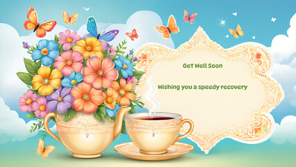 Get well soon card with a heartwarming bouquet of colorful flower and butterfly, expressing wish for a speedy recovery.