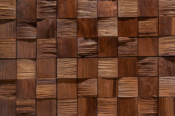 Textured wooden square tile wall background.