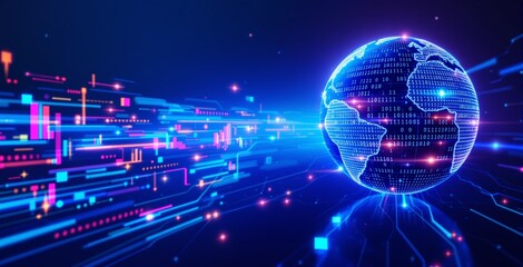 Obraz premium Digital globe with binary code surrounded by neon data streams on a futuristic technology background. Concept of global communication and big data. Ai generative