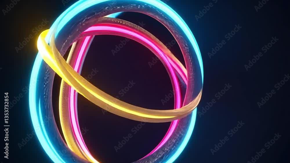 Poster vibrant 3d abstract design featuring glowing rings in colorful neon hues, creating dynamic interplay