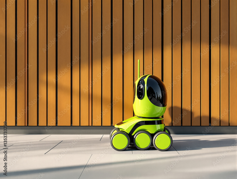 Poster high-tech robot with a modern green body and multiple wheels, set against a wooden panel background.
