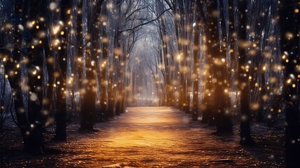 Obraz premium Magical Winter Forest Path Glowing Lights Snow