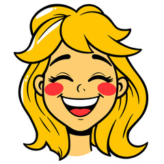 This yellow emoji with long blonde hair beams with a wide, cheerful smile and closed eyes