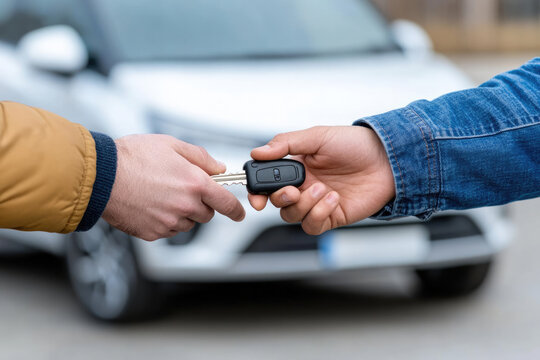 Close up of hands exchanging car keys outdoors