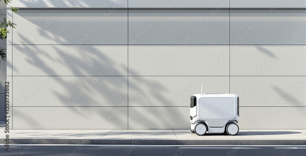 Poster compact autonomous delivery robot on sidewalk against modern concrete wall, casting soft shadows. fu