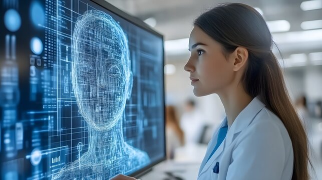 Scientist examining digital head model on lab monitor
