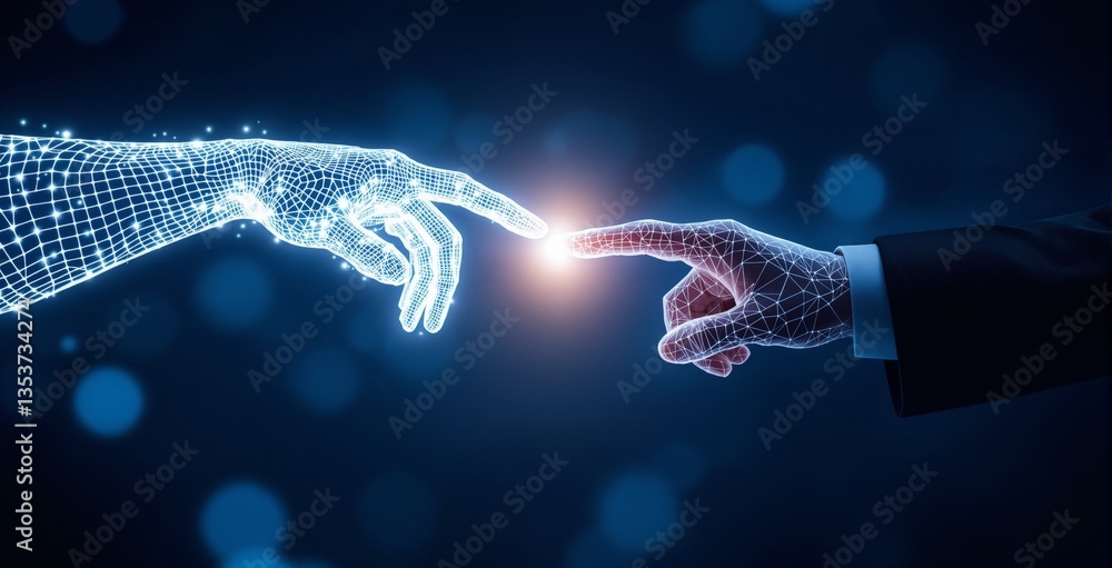 Poster human and ai hands reaching towards each other with glowing mesh design on a deep blue background. c