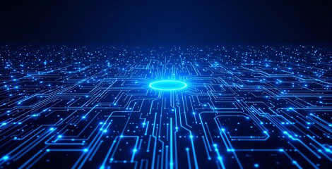 Glowing futuristic circuit board with blue digital connections and a central energy hub on a dark background. Concept of technology, future, and innovation. Ai generative