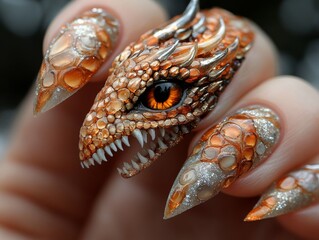 A Close-Up of Intricately Designed Dragon Nail Art: A Fierce and Beautiful Manicure with a Stunning Dragon Head and Scale-Textured Nails.