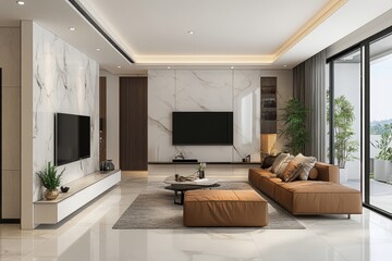 a modern living room, bright with natural light, designed with a sofa, large TV, and marble walls. The space is inviting and sleek, perfect for relaxation or entertainment