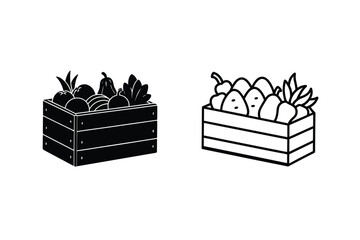 Wooden Crate Fruit Icons Black, Line Art, Produce, Farm Fresh
