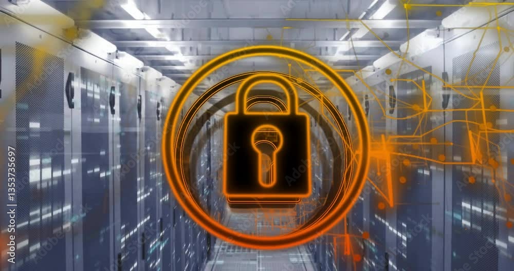 Poster lock symbol animation over data center servers, representing cybersecurity concept