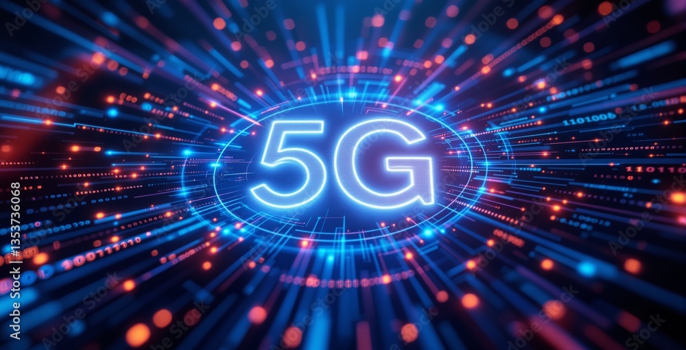 Poster glowing 5g text with digital elements, futuristic tech background with blue and red lights, represen