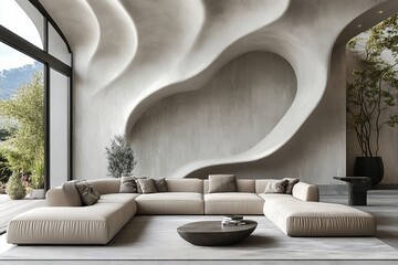 a modern living room with a unique sculptural wall, providing a stylish and inviting atmosphere