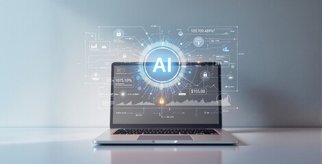 Laptop displaying AI technology interface with futuristic digital elements, glowing data charts, and security icons on a neutral background. Ai generative