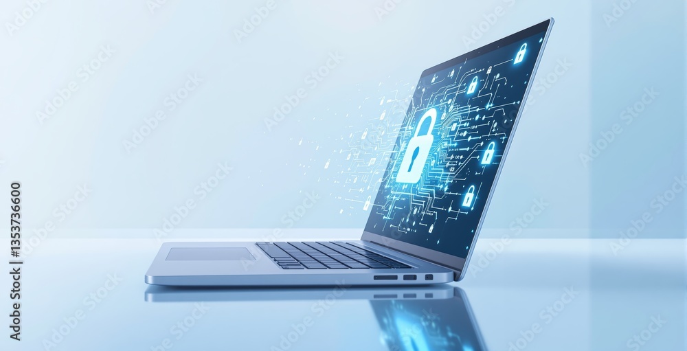 Poster laptop with glowing digital padlock and circuit pattern on screen, symbolizing cybersecurity and dat