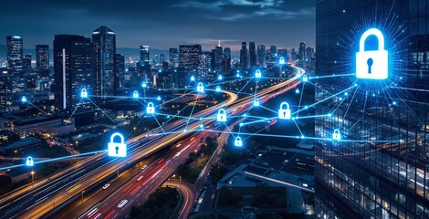 Digital padlocks connected by glowing lines over a city at night, representing cybersecurity and data protection in modern technology. Ai generative