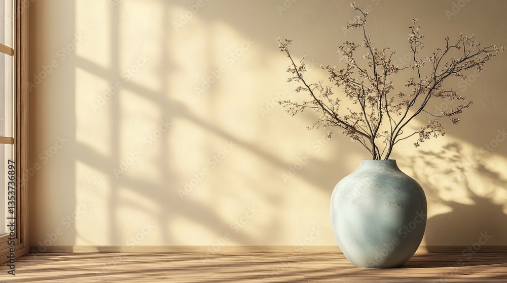 Poster a simple vase with a branch of tree on a natural background with a soft light.