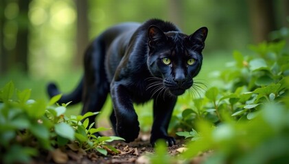 A black panther stalking its prey in the underbrush, wildlife, stealth