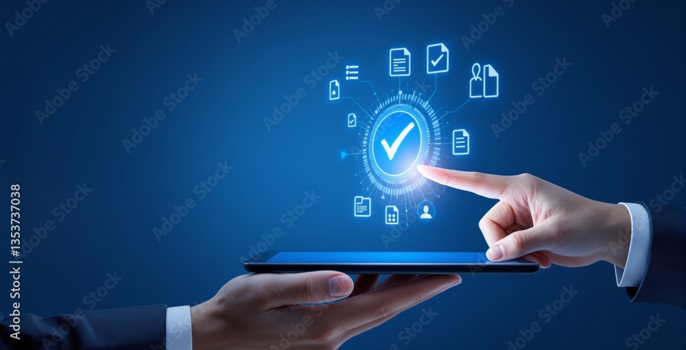 Poster businessman using a digital approval interface displayed on a tablet, futuristic blue background, co